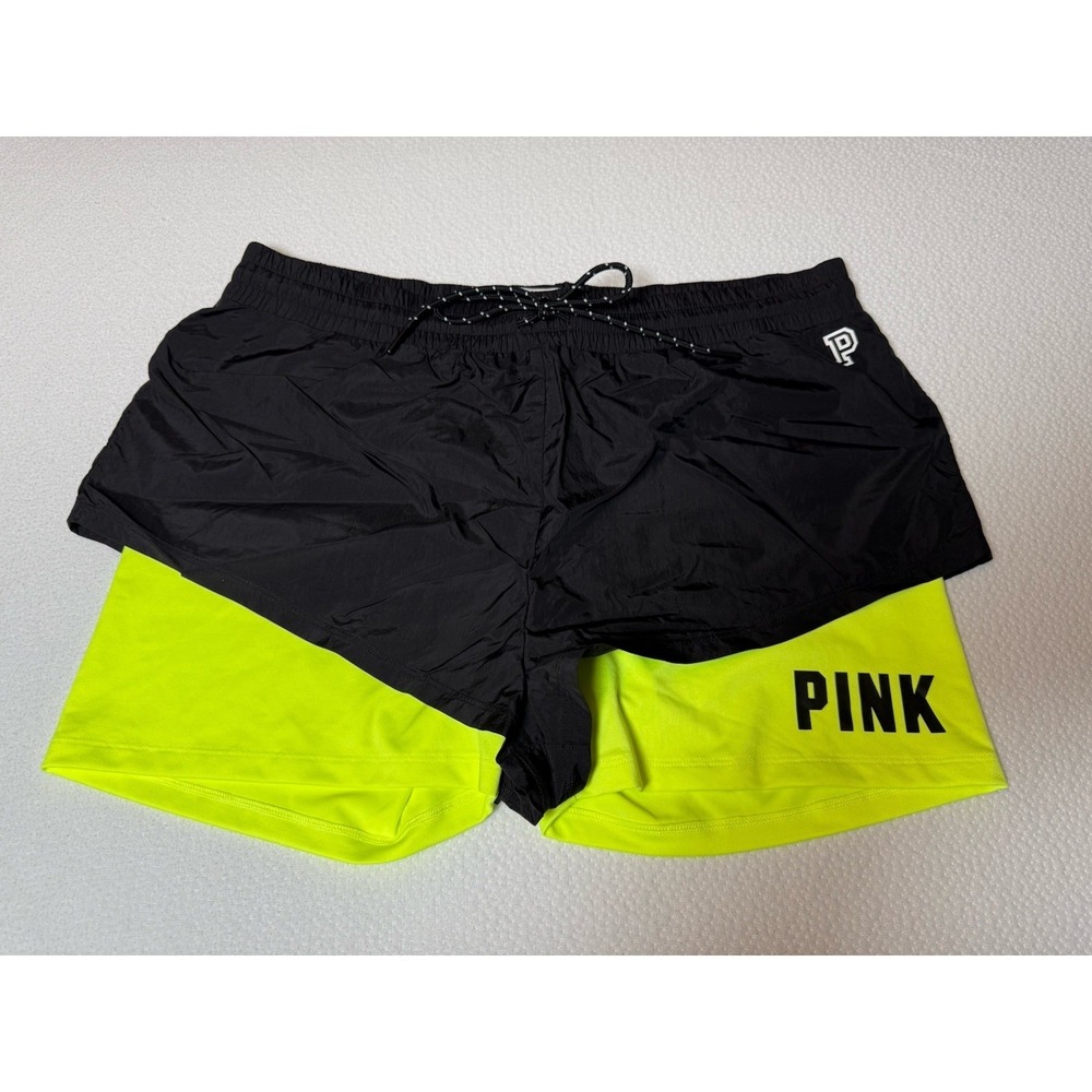 Victoria's Secret PINK Colorblock Shorts Womens L Black Neon Yellow NWT
